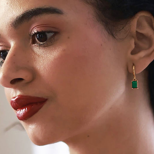 Emerald Cut Green Huggie Hoops