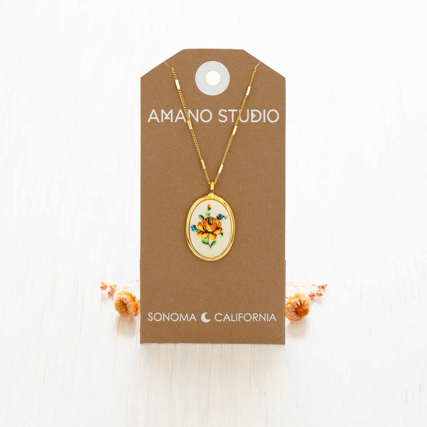 Needlepoint Flower Vintage Cameo Necklace