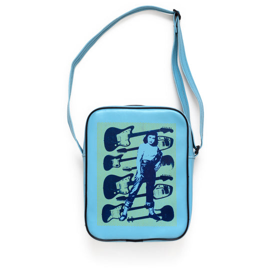 Blue crossbody handbag with rockabilly art