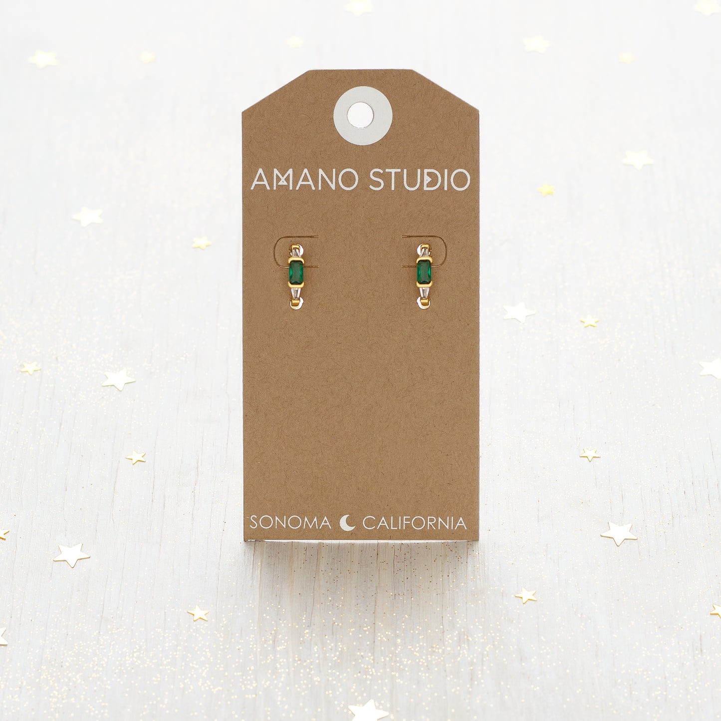 Tiny Emerald + Baguette Crystal Hoops