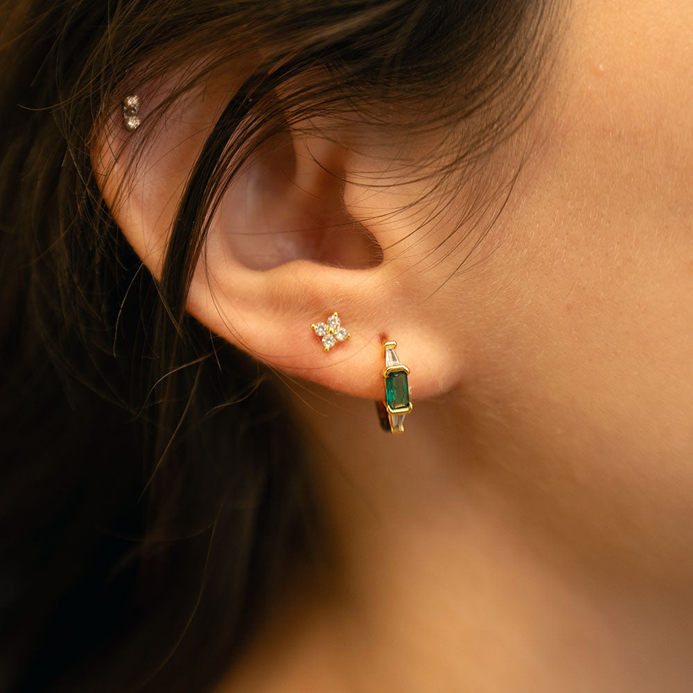 Tiny Emerald + Baguette Crystal Hoops