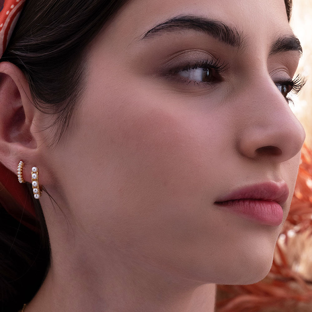 Five Pearl Huggie Hoop Earrings