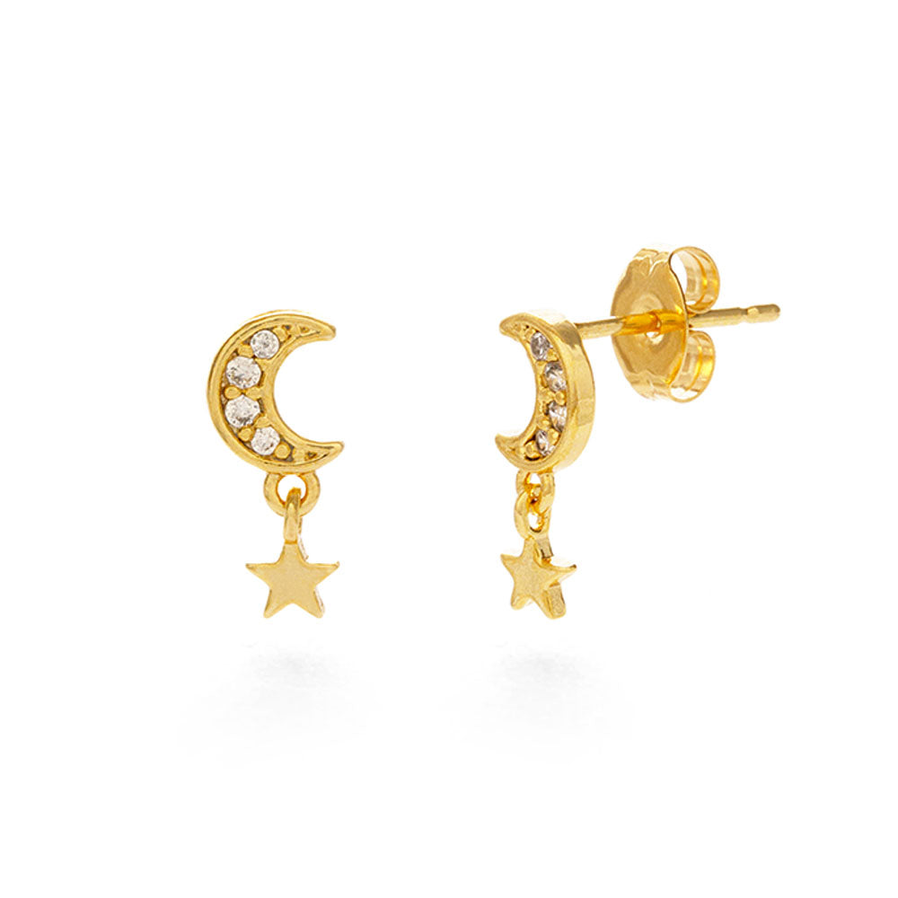 Crescent Moon and Star Stud Earrings
