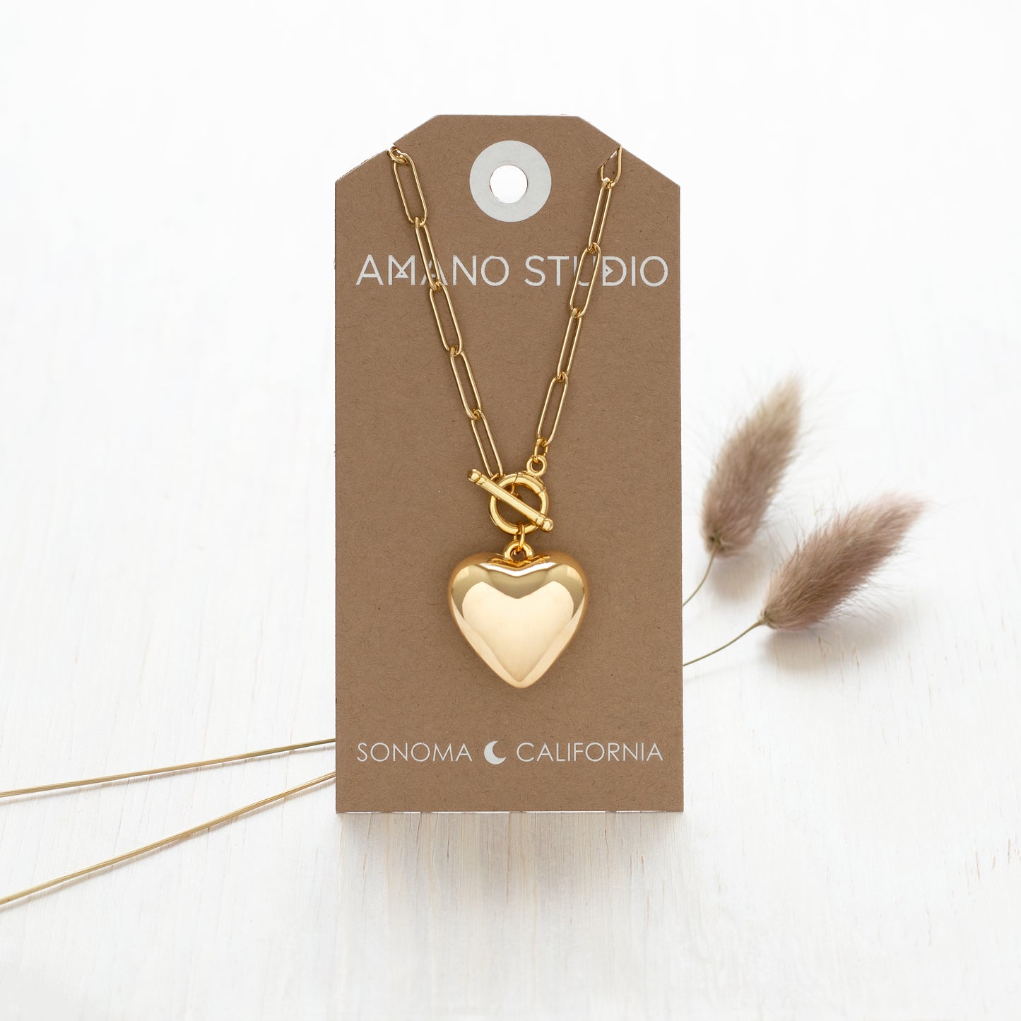 Puffed Heart on Paperclip Chain Necklace