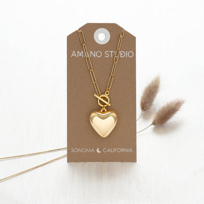Puffed Heart on Paperclip Chain Necklace