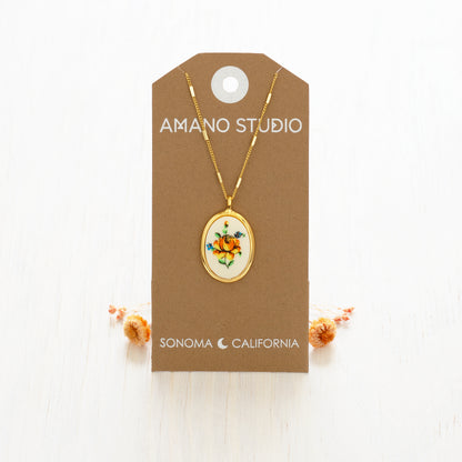 Needlepoint Flower Vintage Cameo Necklace