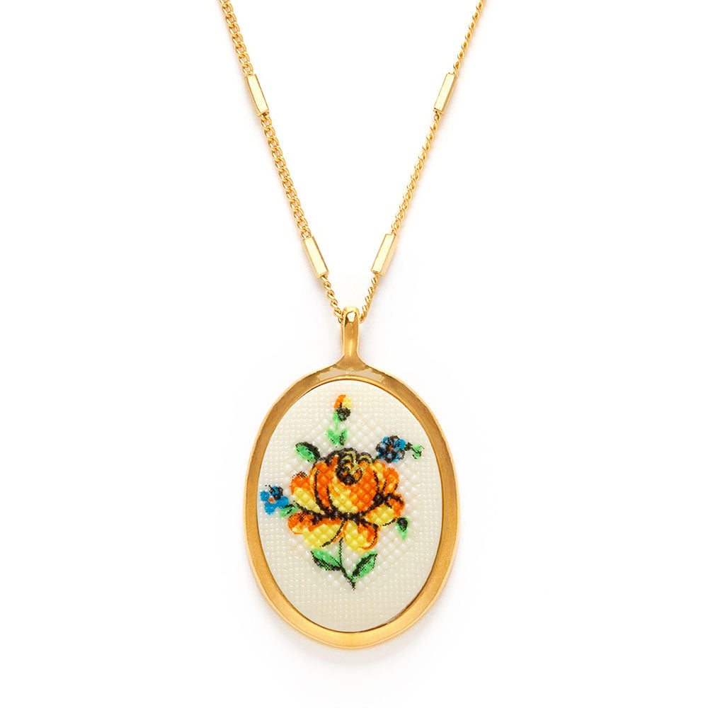 Needlepoint Flower Vintage Cameo Necklace