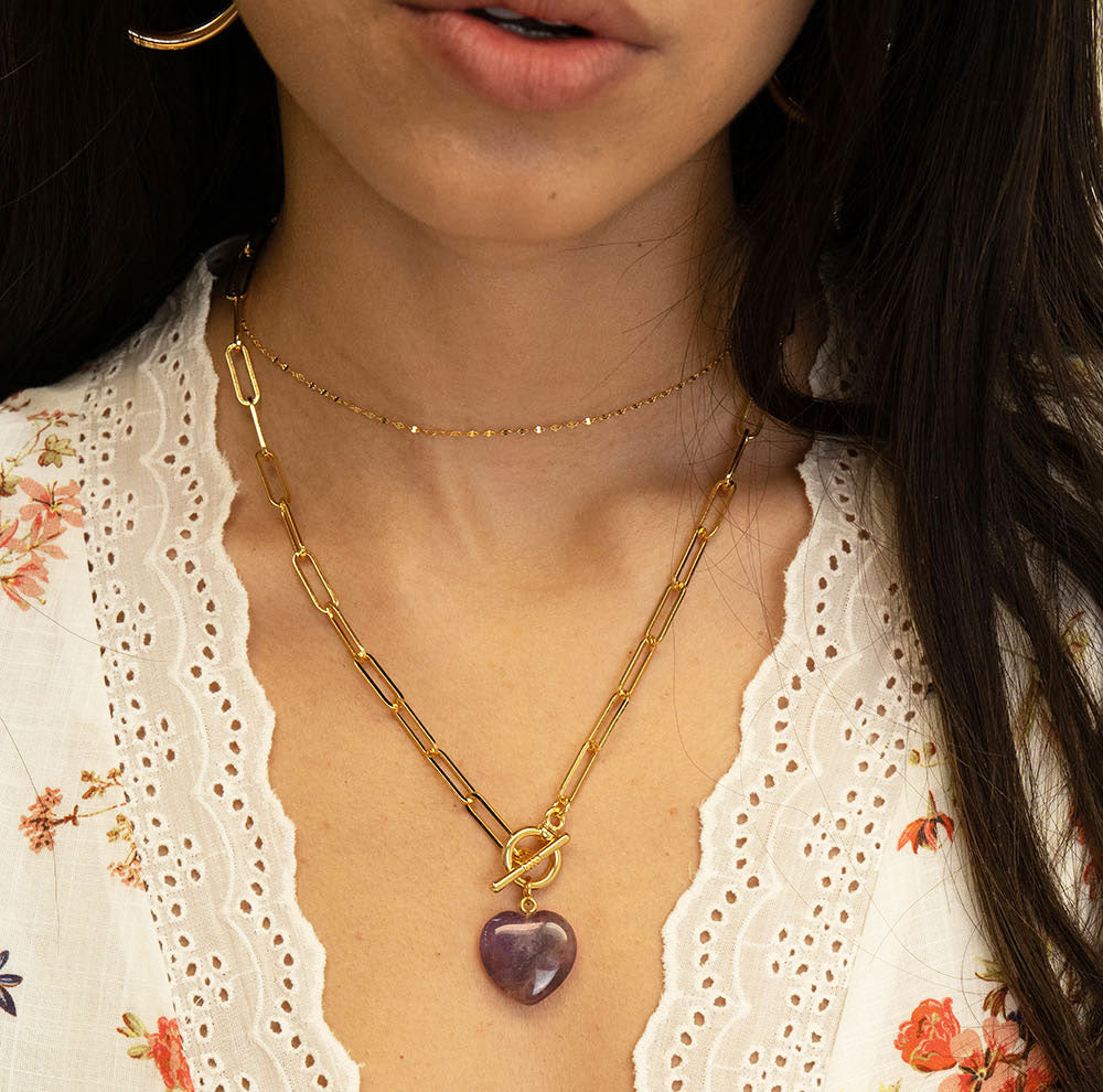 Gemstone Heart, Paperclip Chain Necklace