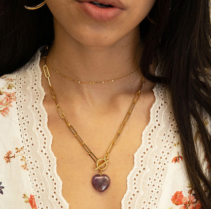 Gemstone Heart, Paperclip Chain Necklace