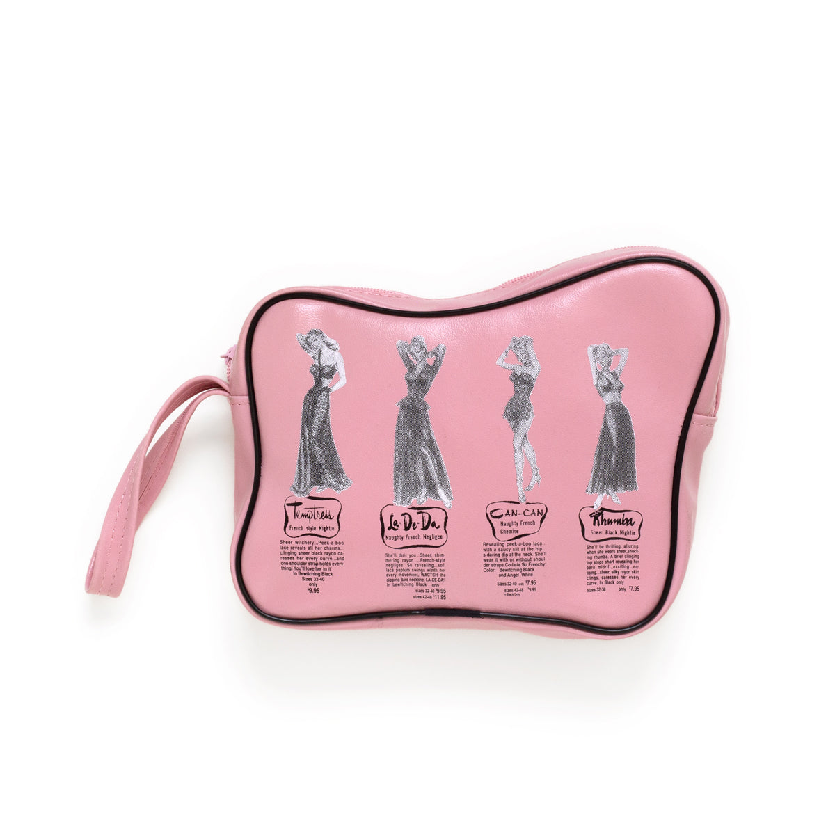 Pink cosmetic bag with vintage ladies advertisements
