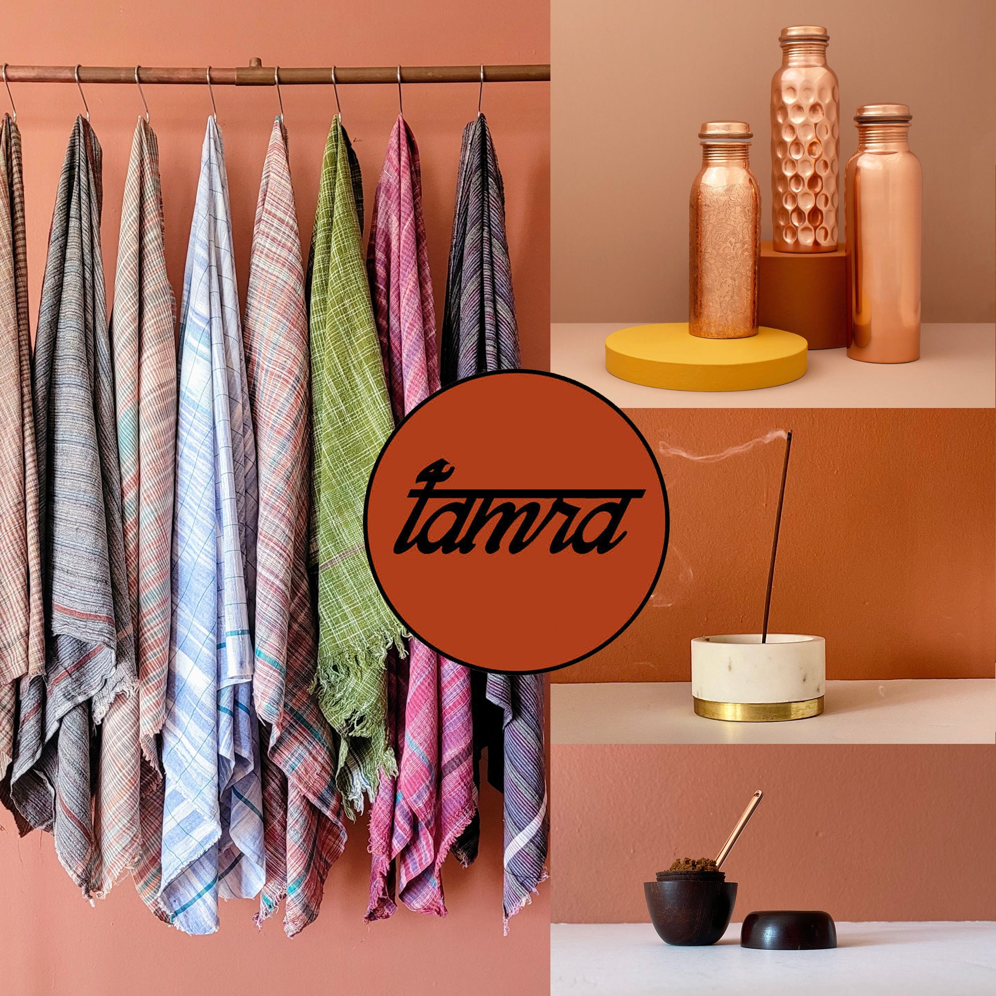 Collage of colorful towels, copper bottles, and a candle on a peach-colored background with Tamra logo.